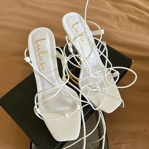 Lulu’s Lylian White Square Ankle Tie Heels Size 5.5 in women